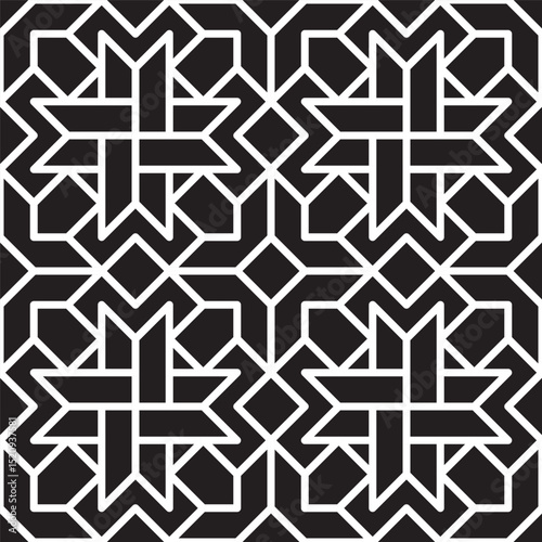 Geometric Handdrawn Floral Seamless Pattern in Black and White Color Scheme