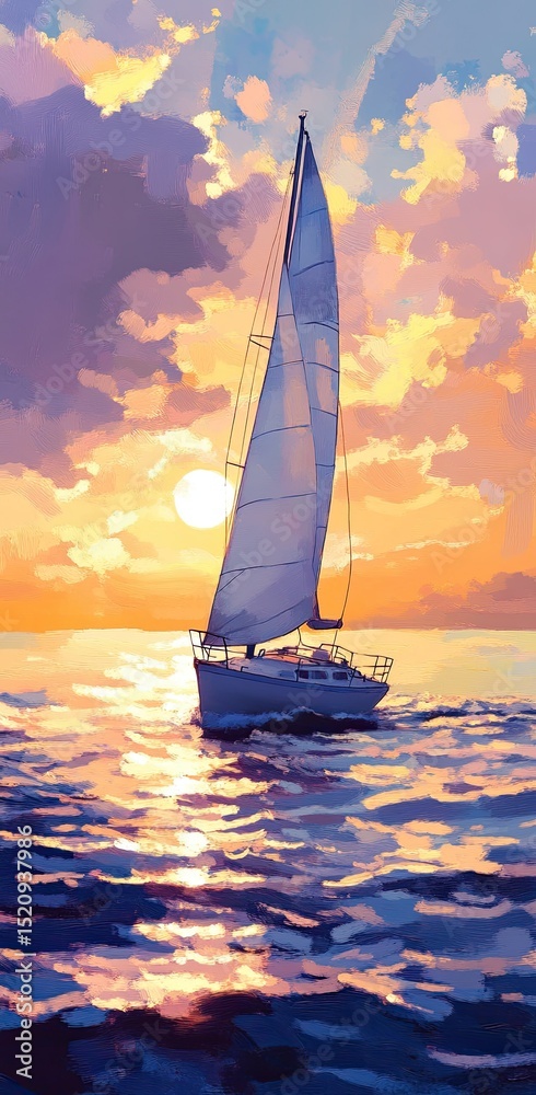 Fototapeta premium A sailboat with its sails billowing in the wind, gliding on calm waters as it sets against