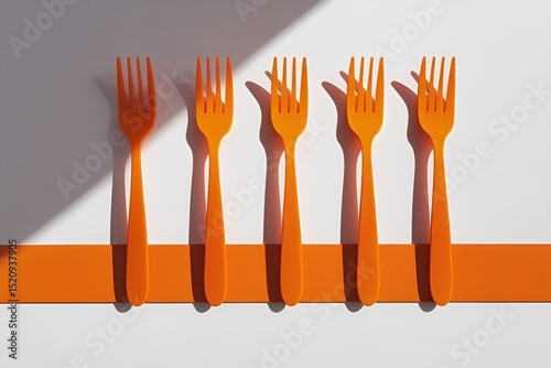 Orange Plastic Forks on White and Red Background – Minimalist Geometric Still Life Photography