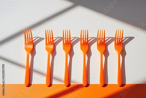 Orange Plastic Forks on White and Red Background – Minimalist Geometric Still Life Photography