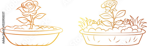 Golden Flower Tub with Single Rose Tree Set One Line Art Vector Design | Elegant Minimal Floral Illustration