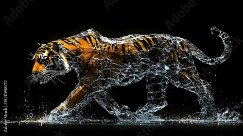 A tiger's form rendered in fractured water.