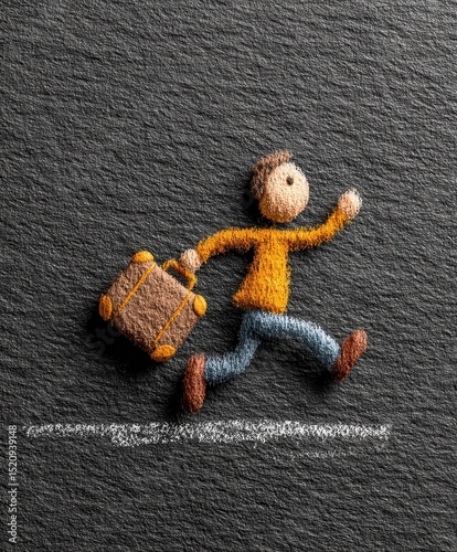 Stick figure hurries with suitcase on chalkboard background 