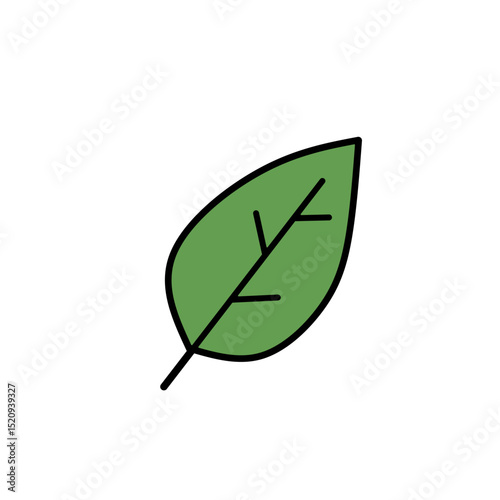 Flat icon of a green leaf with a simple vein pattern, representing nature, growth, and ecology. Perfect for environmental and botanical design themes