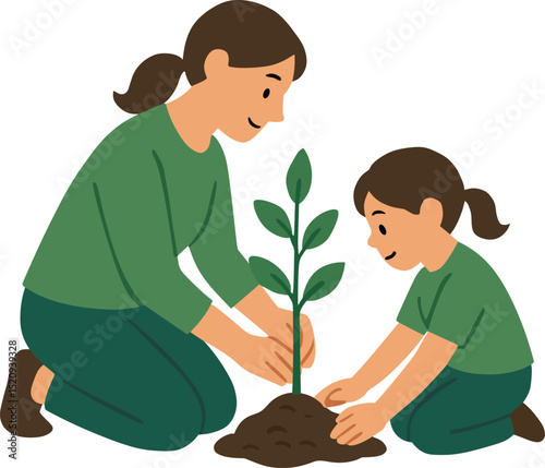 mother and child are planting trees