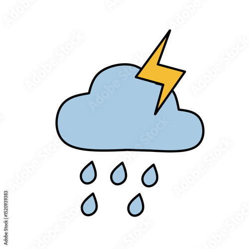 Flat icon of a thunderstorm cloud with raindrops and lightning bolt, representing stormy and severe weather. Suitable for climate and emergency forecasts