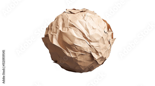 Tightly crumpled brown paper ball symbolizing creative block or wasted on transparent background
