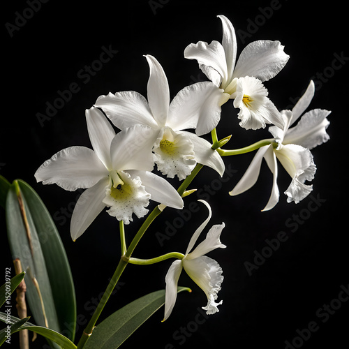 Elegant white cattleya orchid flowers on black background