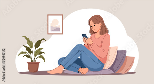 A woman sits barefoot on a floor pillow, using her phone in a relaxed pose, 