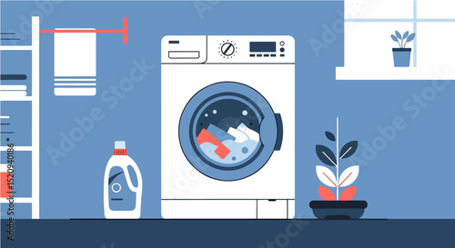A washing machine is shown mid-cycle in a laundry room with detergent and plants, demonstrating appliance usage for a clean home.