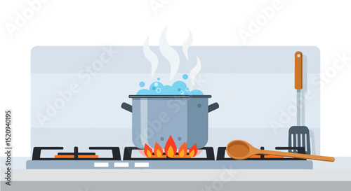 A gray pot boils on a lit gas stove top, creating steam and bubbles as it cooks, ready for preparing food.