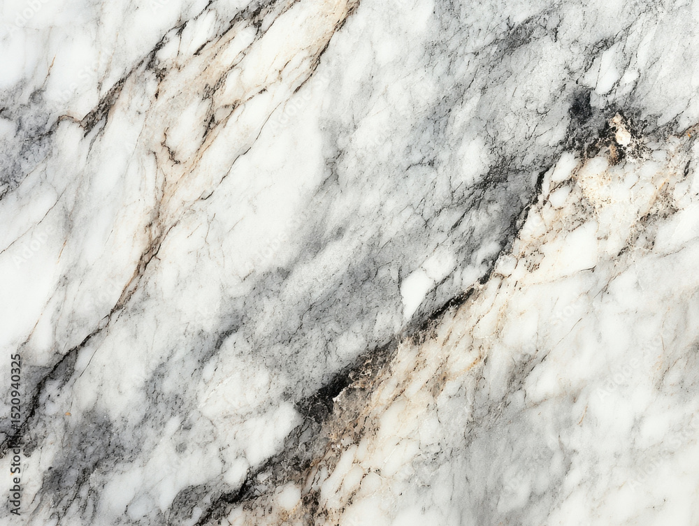 Fototapeta premium Close up of marble surface showcases its intricate veining and natural texture, featuring blend of white, gray, and beige tones. elegant pattern adds touch of sophistication