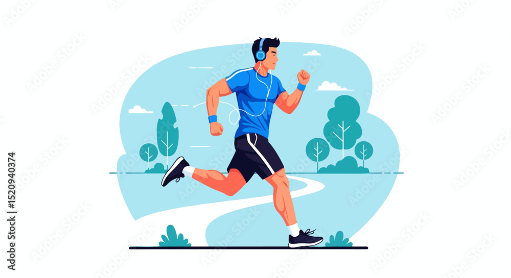 A cartoon man is running on a park path while listening to music through headphones, perfect for illustrating healthy lifestyle and fitness themes. A cartoon man is running on a park path while listening to music through headphones, perfect for illustrating healthy lifestyle and fitness themes.