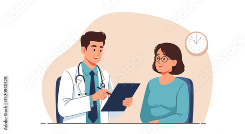 A doctor is consulting with a patient in a modern office setting, complete with a medical wellness poster and clock, perfect for healthcare concepts.