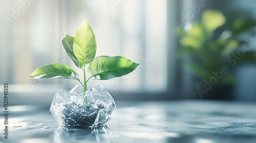 Crystal-clear world with eco plant rising from it