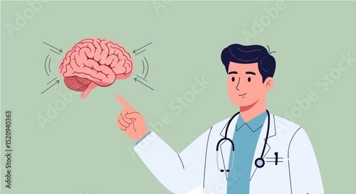 A doctor is pointing at a brain illustration representing its functionality, perfect for medical presentations or educational materials on neurology.