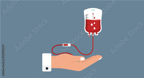 Illustrative blood bag is presented on a hand suggesting donation and support Use for healthcare and awareness campaigns.