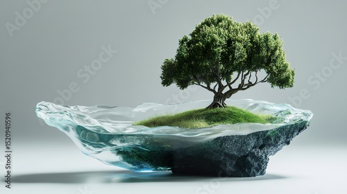 Earth made of glass with a small lush tree