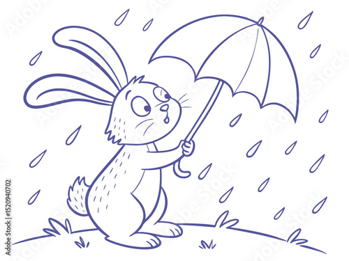 Cartoon rabbit holding umbrella under the rain in outline style