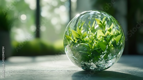 Eco sphere with vibrant green plant and clean crystal surface