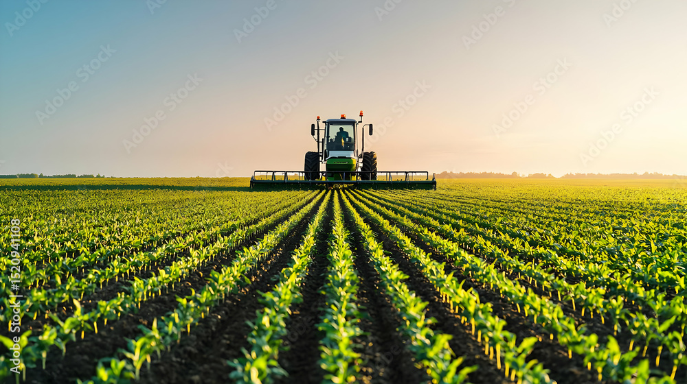 Tractor Working In A Green Soybean Field At Sunrise Tractor Working In A Green Soybean Field At Sunrise