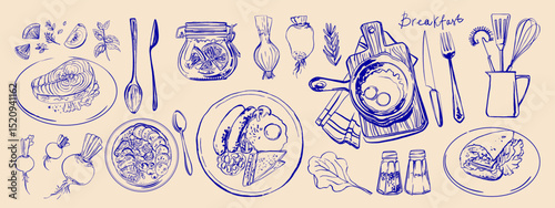Hand drawn line food illustration vector. Coffee, breakfast, buns.