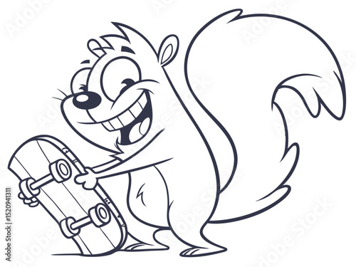 Cartoon squirrel smiling with a skateboard black and white illustration