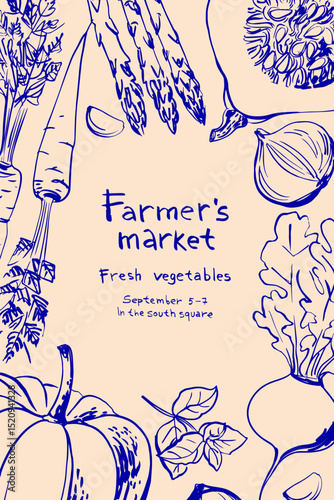 Hand drawn line food illustration vector. Blue line poster on beige background. Elegant design for kitchen. Farmers Market, Vegetables and Herbs