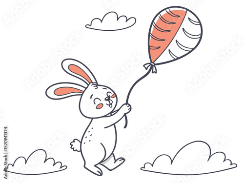 Cheerful bunny holding a balloon in the cloud with delight
