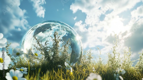 Growth and nature on glass earth with sky reflections