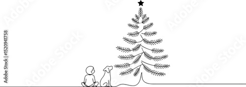 Child and dog watching Christmas tree. Continuous one line art drawing. Vector illustration.