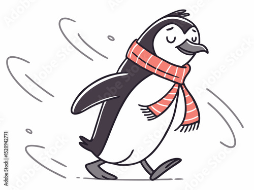 Cheerful penguin wearing scarf walking in winter weather