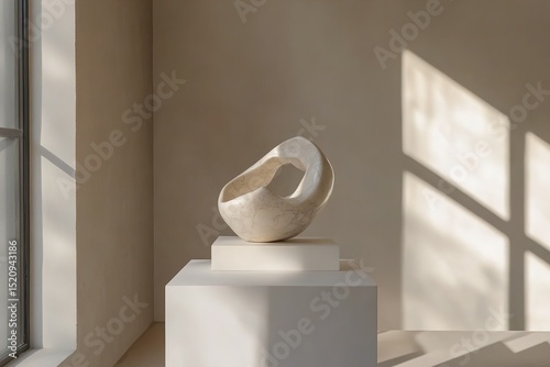 Minimalist art gallery with soft beige walls, showcasing an abstract marble sculpture on a clean white plinth, surrounded by diffused natural light and long shadows 