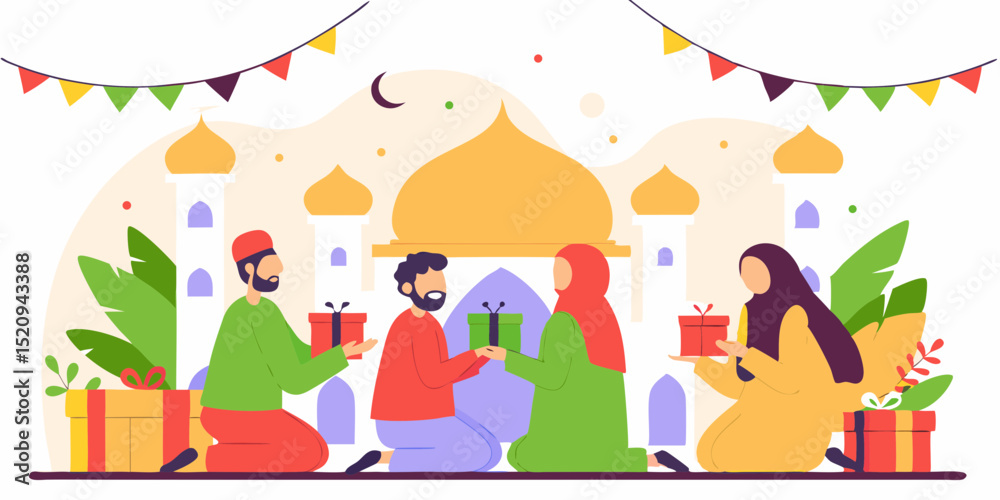 Fototapeta premium Eid al-Fitr Celebration at Mosque with Family in Festive Islamic Setting