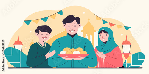 Eid al-Fitr Celebration at Mosque with Family in Festive Islamic Setting