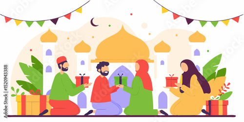 Eid al-Fitr Celebration at Mosque with Family in Festive Islamic Setting