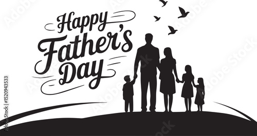 Black and White Father’s Day Silhouette Illustration of Family Walking on Curved Horizon


