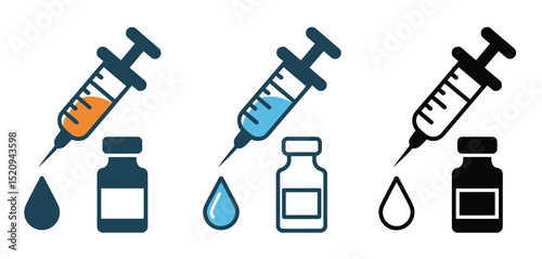Vaccination Syringe Icons Set with Vial and Droplet