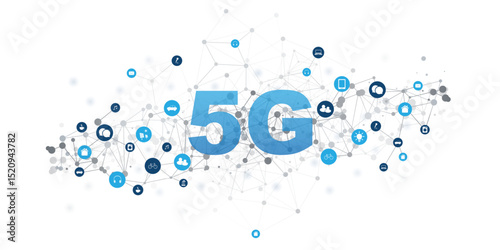 An illustration of 5G wireless network technology and Internet of Things (IoT), featuring a global network background, connected smart devices, and icons for mobility, communication and automation