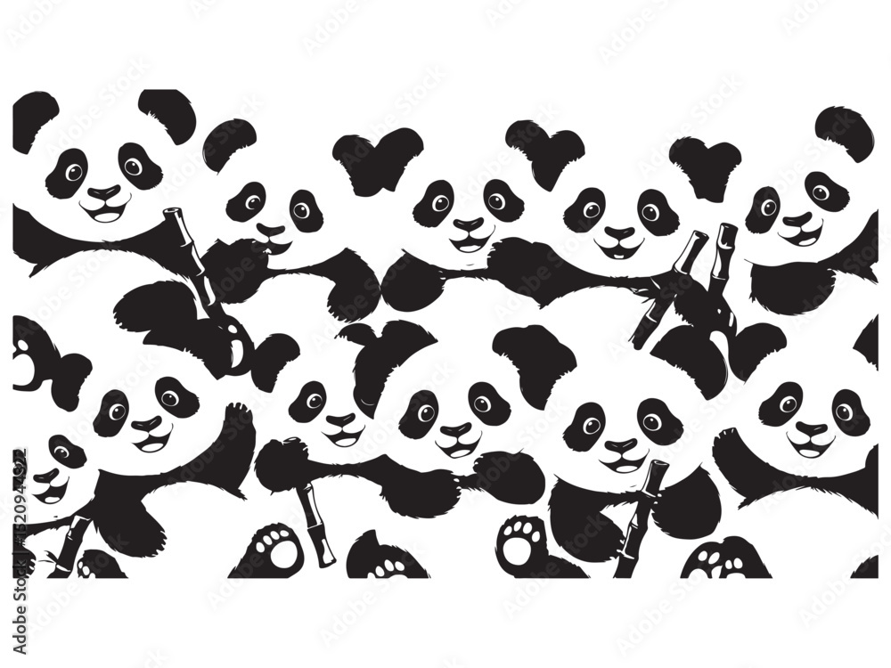 Naklejka premium Adorable panda bear illustration seamless pattern in black and white for diverse applications