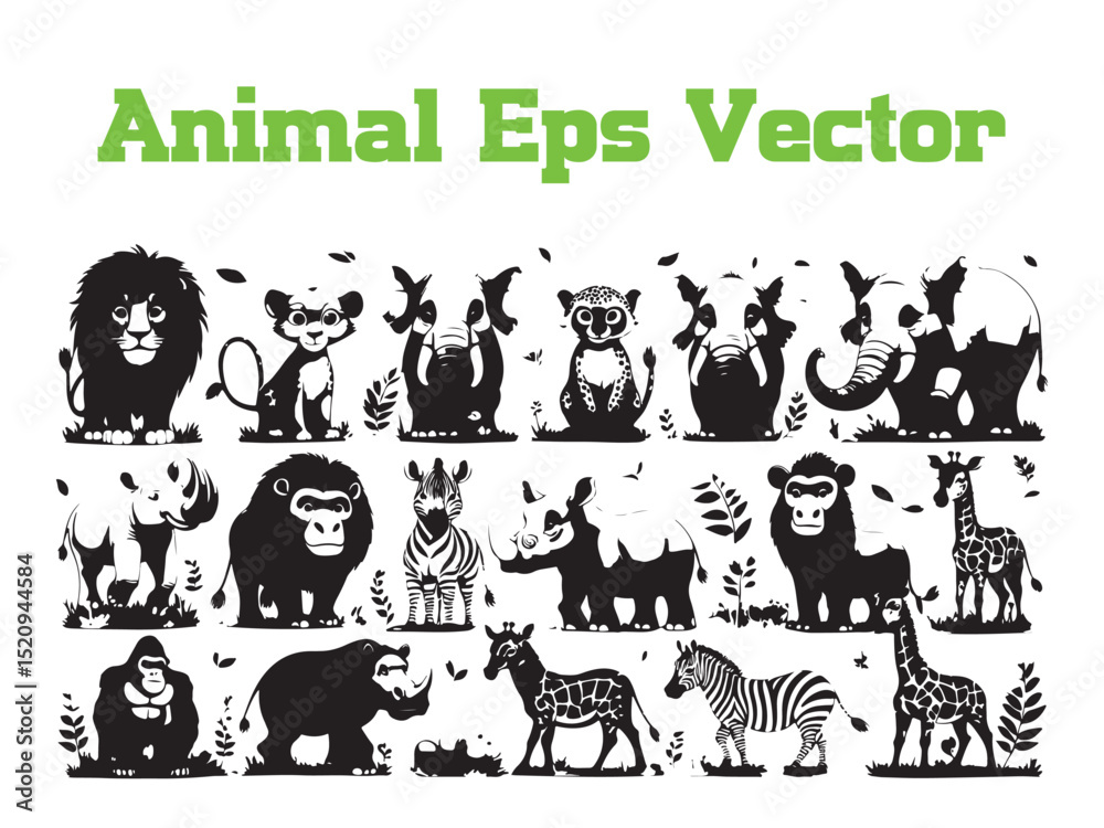 Fototapeta premium Black and white animal illustrations featuring lions zebras giraffes elephants and other safari creatures.