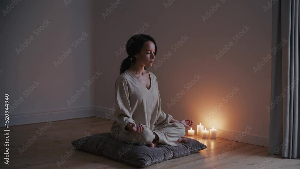 Serene woman practicing mindful meditation, sitting cross legged on cushion near soft candlelight, cultivating inner calm and spiritual connection in quiet home setting