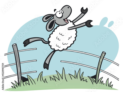Happy cartoon sheep jumping over a fence in a field