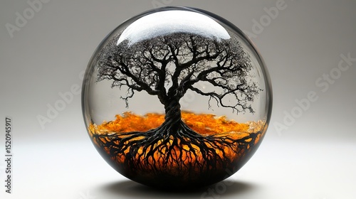Tree with deep roots on glassy round earth sphere