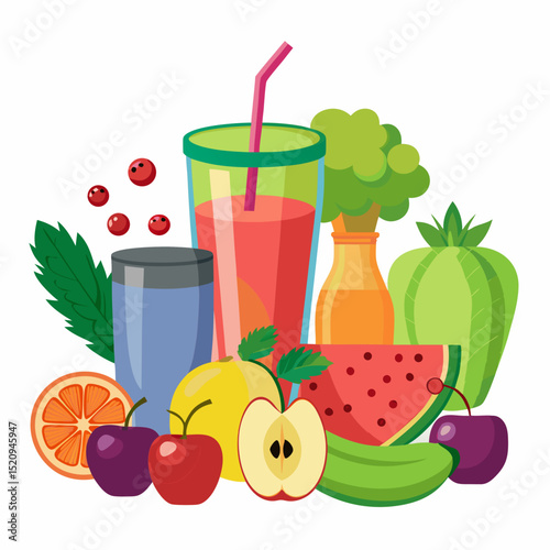 Fresh fruit vector, fruits in various colors and different juices