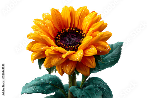 Bright yellow sunflower with visible seeds and green leaves, isolated on transparent background 