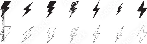 Dynamic collection of lightning bolt icons in solid black and outline styles, symbolizing energy, speed, power, and alerts, ideal for warning signs, weather apps, and electric vehicle designs.
