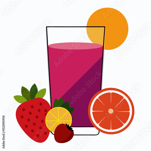 A glass of strawberry juice  vectpr and oramge fruit