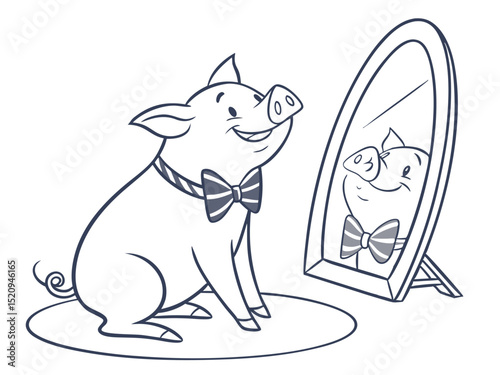 Happy pig in a bow tie looking at its mirror reflection