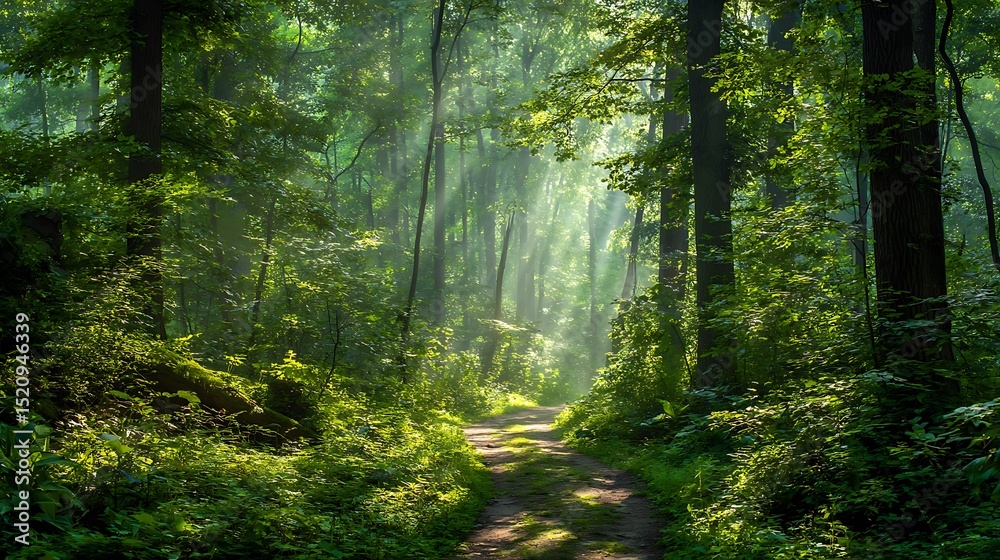 Obraz premium Enchanted Forest Path Sunlight Dappled Through Lush Green Canopy